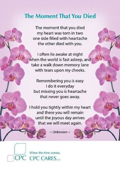 a poem written in pink with purple orchids and the words, the moment that you died