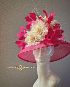 Hot Pink Kentucky Derby Hat  Structured hot pink sinamay hat with silk band, stunning silk and velvet rose, and fanciful, dancing feathers. Interior ribbon allows you to adjust hat to your comfort. Looks elegant and beautiful from all angles. Some color variations may be available; please inquire.   Perfect for Kentucky Derby, Kentucky Oaks, Del Mar races, hat contests, Melbourne Cup, Royal Ascot, church, gala, cocktail, high tea, weddings, cocktail parties, and more.    *FREE SHIPPING  Handmade by Aimee Fuller in Southern California Pink Flat Brim Hat For Royal Ascot, Pink Flat Brim Hat For Races, Pink Brimmed Hat For Royal Ascot, Pink Cloche Fascinator For Kentucky Derby, Pink Sinamay Hat For Evening, Pink Sinamay Mini Hat For Races, Pink Sinamay Mini Hat For Royal Ascot, Pink Wide Brim Mini Hat In Sinamay, Pink Wide Brim Sinamay Mini Hat