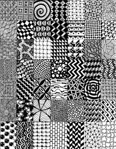 a black and white pattern with many different shapes