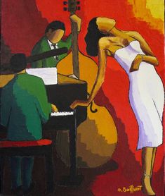 a painting of a woman playing the piano next to a man sitting at a piano