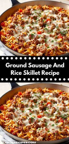 ground sausage and rice skillet recipe in two pans with the title above it