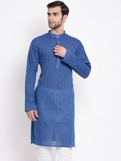 Vastramay Men's Blue Pure Cotton Kurta Blue Kurta, Cotton Kurta, Sleeves Top, Packaging Labels, Product Images, Mandarin Collar, Easy Wear, Button Placket, Timeless Style