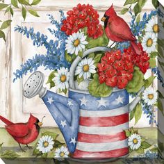 a painting of red, white and blue flowers in a watering can with a cardinal