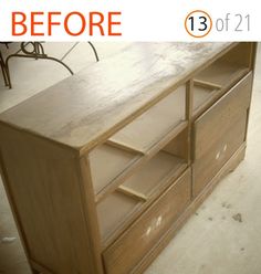 an old dresser is being refinished with new paint and sanding to make it look like wood