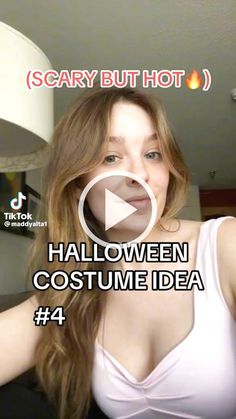 a woman with long hair wearing a white top and posing for the camera, text says scary but hot halloween costume idea