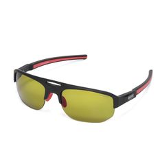 a pair of sunglasses with red and black trimmings on the sides, one yellow lens