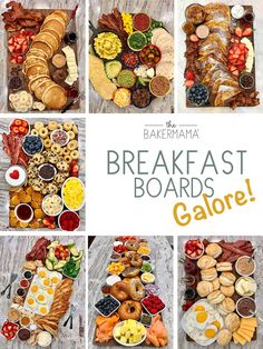 the breakfast board is filled with different types of food