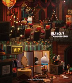 an animated movie set with chairs, tables and other items in the background as well as a sign that says branca's midnight circus