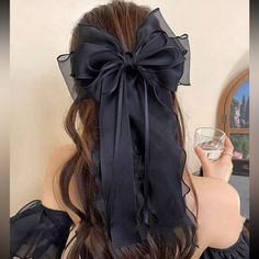 Set Of 1 Black Hair Bow, Gentle Style, Black Hair Bows, Floral Hair Pins, Bow Barrette, Art Major, Outfit Styles, Mesh Ribbon, Ribbon Hair Bows