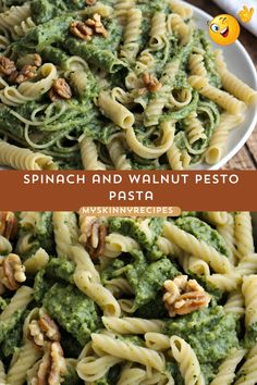 spinach and walnut pesto pasta in a white bowl on top of a wooden table