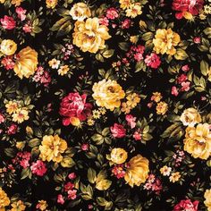 a black background with yellow, red and pink flowers on the bottom half of it