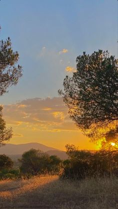 the sun is setting behind some trees and hills in the distance with mountains in the background