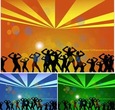 the silhouettes of people dancing in different styles and colors, with sunbursting behind them