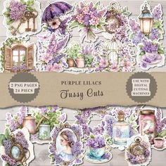 purple lilacs and teacups digital clipart papers for scrapping, paper crafts