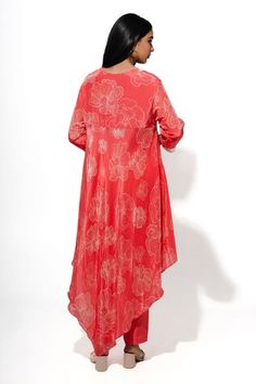 Coral asymmetric kurta with all over floral print and sequin bead embellishments. Comes with straight pant. - Aza Fashions Asymmetric Kurta, Pant Women, Women Kurta, Blossom Print, Kurta With Pants, Sequin Beading, Straight Pants, Aza Fashion, Fashion Set