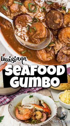 the seafood gumbo is served in a bowl with rice and garnishes