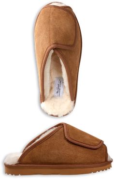 We developed these sheepskin slippers with the guidance from podiatrists so that, even if you have problem feet, they will be the most comfortable slippers you've ever worn. Wrap them around your feet as loosely or snugly as you prefer with the adjustable fasteners; the luxuriously soft shearling wool lining provides comfort, no matter how sensitive or swollen your feet are. The shearling also wicks perspiration away, and its high natural lanolin content helps moisturize dry skin.  Genuine Comfortable Soft Closed Toe Slippers, Classic Sheepskin Slippers With Round Toe, Cozy Closed Toe Slippers With Cushioned Footbed, Super Soft Comfortable Brown Slippers, Brown Soft Slip-on Slippers, Soft Brown Slip-on Slippers, Comfortable Sheepskin Closed Toe Slippers, Comfortable Snug Slippers With Cushioned Footbed, Comfortable Cushioned Slippers With Snug Fit