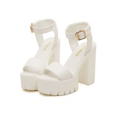 White Chunky Sandals, White High Heel Sandals, White Shoes Heels, White High Heel Shoes, Sandals Chunky, Trendy Heels, Heels White, White High Heels