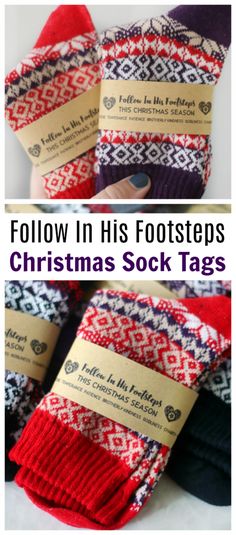 three different socks with tags on them and the words follow in his foot steps christmas sock tags