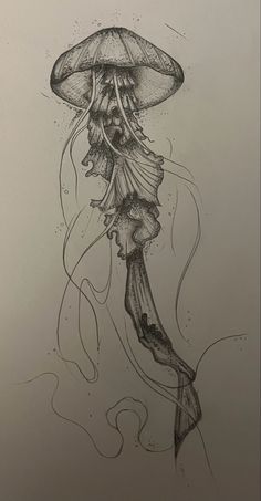 a drawing of a jellyfish in black and white ink on paper, with the bottom half