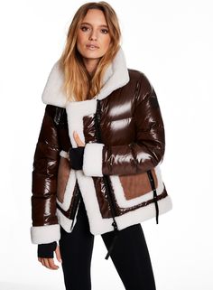 SAM nyc Womens VERONICA puffer in brown with shearling trim | SAM. Luxury Outerwear, Coats For Men, Faux Fur Coats, Fur Coats, Tall Model, Lambskin Leather, Biker Jacket, Model Measurements, Stand Collar