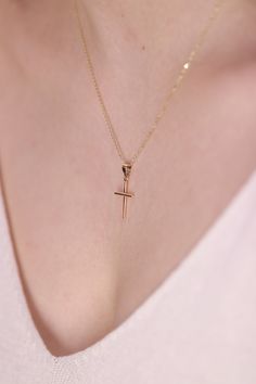 "14k Gold Cross Necklace / Handmade Cross Necklace / Religious Necklace Available in Gold, Rose Gold, White Gold ❥ ITEM DETAILS ---> Gold Color of Choice : Yellow Gold, Rose Gold, White Gold ---> Material : 14k ( 585 ) Real Gold. It is Not Gold Filled or Gold Plated ---> Made to order ---> Pendant Height : 15 mm ---> Pendant Width: 11.5 mm ---> Adjustable Chain is Optional ---> Closure: Spring Ring ---> Ship in 3- 5 Business Days ---> Length of Chain 14 inches - 20 inc Affordable Gold Spiritual Cross Necklace, Rose Gold Cross Pendant Jewelry, Rose Gold Cross Pendant Jewelry For Everyday, Minimalist Hallmarked Rose Gold Necklaces, Delicate Rose Gold Cross Jewelry, Rose Gold Cross Pendant Necklace For Gift, Rose Gold Cross Necklace For Gift, Everyday Rose Gold Hallmarked Necklace, Rose Gold Cross Hallmarked Jewelry