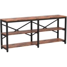 a wooden shelf with metal legs and two shelves