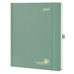 a green notebook with the words 2012 written in gold on it's front cover