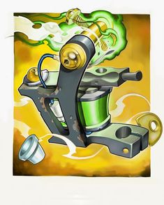 a drawing of a tattoo machine with green and yellow ink on it's side