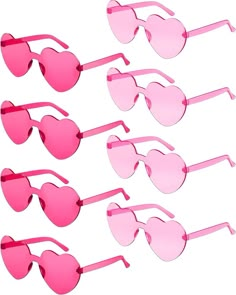 six pairs of pink heart shaped sunglasses against a white background, all in different shades