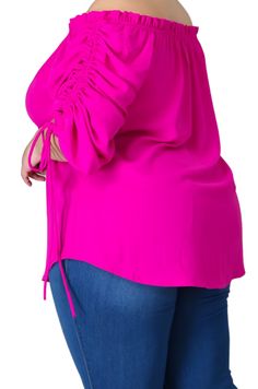 Polyester %100 Stretch top Short sleeve Off-shoulder neckline Self tie detail Ruched No closure Hand wash cold model is wearing 2X Cheap Off-shoulder Blouse For Women, Plus Size Fancy Blouses, Cheap Plus Size Tops, Dressy Tops With Jeans Plus Size, Plus Size Top Purple, One Shoulder Top Long Sleeve Plus Size, Plus Size Loose Crop Top, Blouses For Big Belly Women, Big Bow Plus Size Top