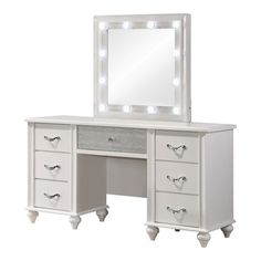 Dini 62 Inch 7 Drawer Vanity Desk with LED Lighted Mirror, Classic White By Casagear Home Hollywood Style Mirror, Glam Vanity, White Vanity Desk, Vanity And Mirror, Stylish Mirror, Mirrored Vanity Desk, Drawer Vanity, Bedroom Makeup Vanity, Large Vanity