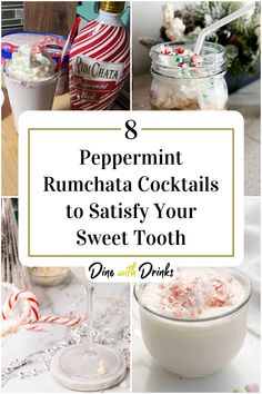 Collage of 4 peppermint rumchata cocktails. Peppermint Rum Chata Recipes, Peppermint Rumchata Drink, Rumchata Peppermint Bark Drinks, Rumchata Christmas Drinks, Peppermint Bark Rumchata Recipes, Peppermint Alcoholic Drinks, Peppermint Rumchata Recipes, Drinks With Rumchata, Christmas Cocktails Peppermint