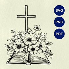 an open book with flowers and a cross in the middle, on top of it