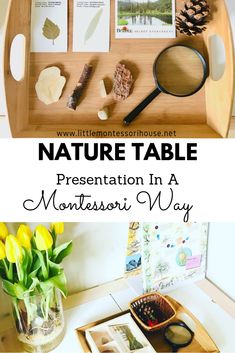 a wooden tray filled with different types of items and text that reads nature table presentation in a montessoi way