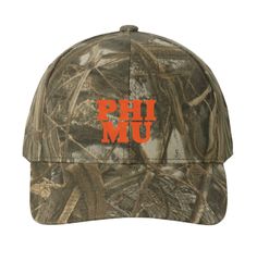 a hat with the word phi mu on it in orange and mossy camo