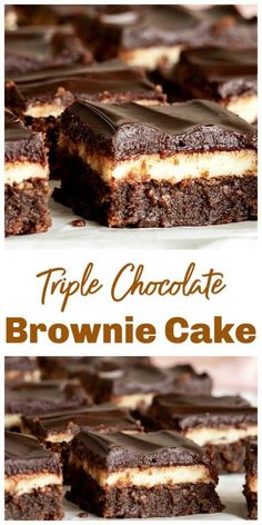 triple chocolate brownie cake cut in half and stacked on top of each other with text overlay