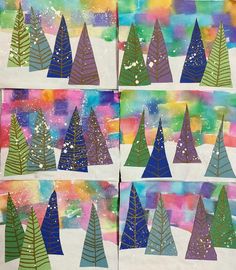 four christmas trees are painted on paper with colored watercolors and glittery paint