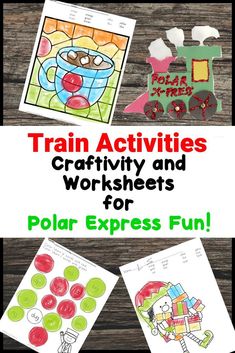 four pictures with the words train activities and worksheets for polar express fun on them