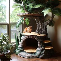 an orange cat sitting on top of a tree stump in front of a potted plant