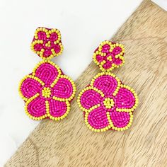 Pink & Yellow with small beads. Pink Beaded Earrings For Spring, Summer Flower Shaped Beaded Earrings With Colorful Beads, Multicolor Beaded Flower Earrings For Spring, Spring Multicolor Beaded Flower Earrings, Colorful Flower Beaded Earrings For Summer, Summer Flower Shaped Colorful Beaded Earrings, Summer Flower Shaped Beaded Earrings With Dangling Beads, Summer Flower-shaped Beaded Earrings With Dangling Beads, Summer Flower Earrings With Dangling Beads