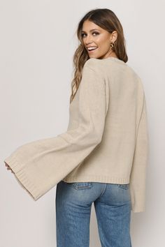 Beige Sweaters, Faded Love, Flare Sleeve Sweater, Sweater Tops, Slouchy Sweater, Oversized Long Sleeve, Fall Sweater, Bell Sleeve Sweater, Fade To Black