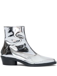 silver-tone calf leather mirrored finish metallic effect square toe ankle-length side zip fastening branded insole low block heel rubber sole Tone Calves, Leather Mirror, Low Block Heels, Proenza Schouler, Ankle Length, Side Zip, Calf Leather, Block Heels, Rubber Sole