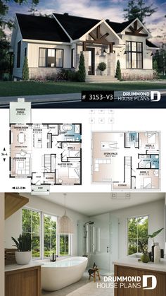 two story house plan with 3 bedroom and 2 bathes in the front, three car garage