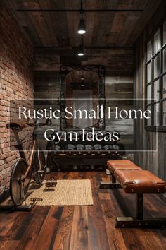 a gym room with wooden floors and brick walls is featured in the article rustic small home gym ideas