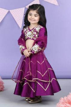 Purple silk lehenga with gota embroidered lines. Comes with a blouse and a dupatta. - Aza Fashions Celebs Lehenga, Organza Sets For Navratri Celebration, Party Wear Sets With Gota Work For Celebration, Party Wear Chanderi Sets For Festivals, Eid Festive Skirt Set With Zari Work, Festive Skirt Set With Zari Work For Eid, Festive Party Wear Sets In Art Silk, Festive Eid Skirt Set With Zari Work, Festive Skirt Set With Dupatta For Eid