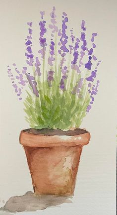 a watercolor painting of a potted plant with purple flowers on it's side