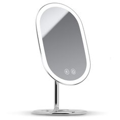 a mirror that is sitting on top of a stand in front of a white background