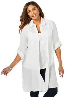 Your favorite Mega Tunic now available in light, breathable gauze! Wear it as a cover-up over your swimsuit, wear it over a tank - unbuttoned or wear it with a cami, all buttoned up with jeans. Relaxed silhouetteShirt collarButton frontLong sleeves with roll up tabsChest pockets12" side slitsBack inverted pleat37" length, 40" back length Cotton gauzeMachine wash; Imported  | Plus Size Women's Gauze Mega Tunic by Jessica London in White (Size 18 W) Long Tunic Tops Outfits, Jeans And White Top, Long Tunic Tops, Swimsuits For All, Ladies Of London, Tunic Sweater, Swim Dress, New Tops, Plus Size Tops