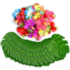 a bunch of colorful flowers sitting on top of a green leaf